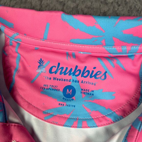 Chubbies Polo Shirt Mens M Pink Blue Palm Tree Hawaiian Golf Performance Stretch - Picture 3 of 6